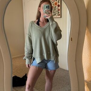 American Eagle Outfitters Sage Green Waffle Knit V-Neck Sweater